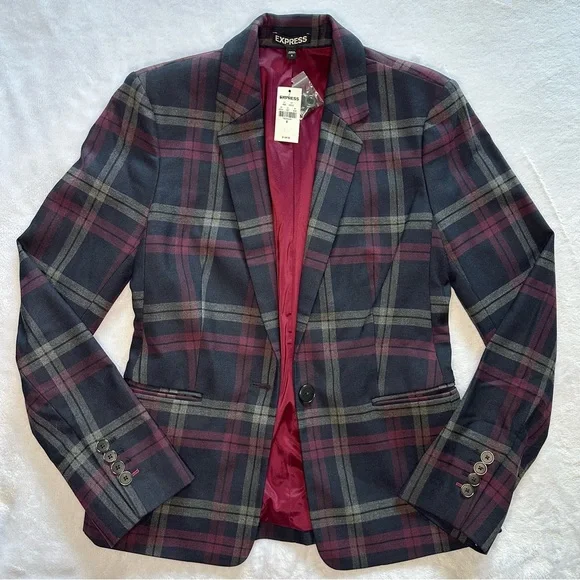 Express NWT Silk Lined Plaid Blazer in Red, Black, Gray Dark Academia Size 6 - Picture 3 of 8